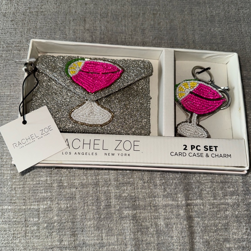Rachel Zoe Glittering Silver and Pink Card Case with Charm Beaded Gift Set